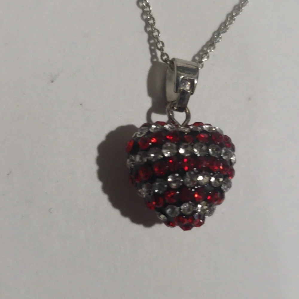 Women's Silver Heart Rhinestone Necklace American Flag  -  Patriotic  Jewelry